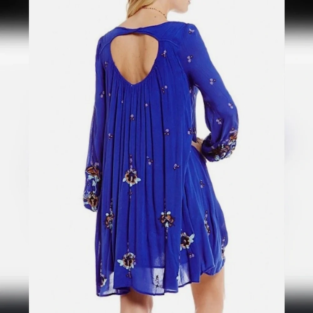 Free People‎ Cobalt Blue Oxford Embroidered Mini Swing Dress Small